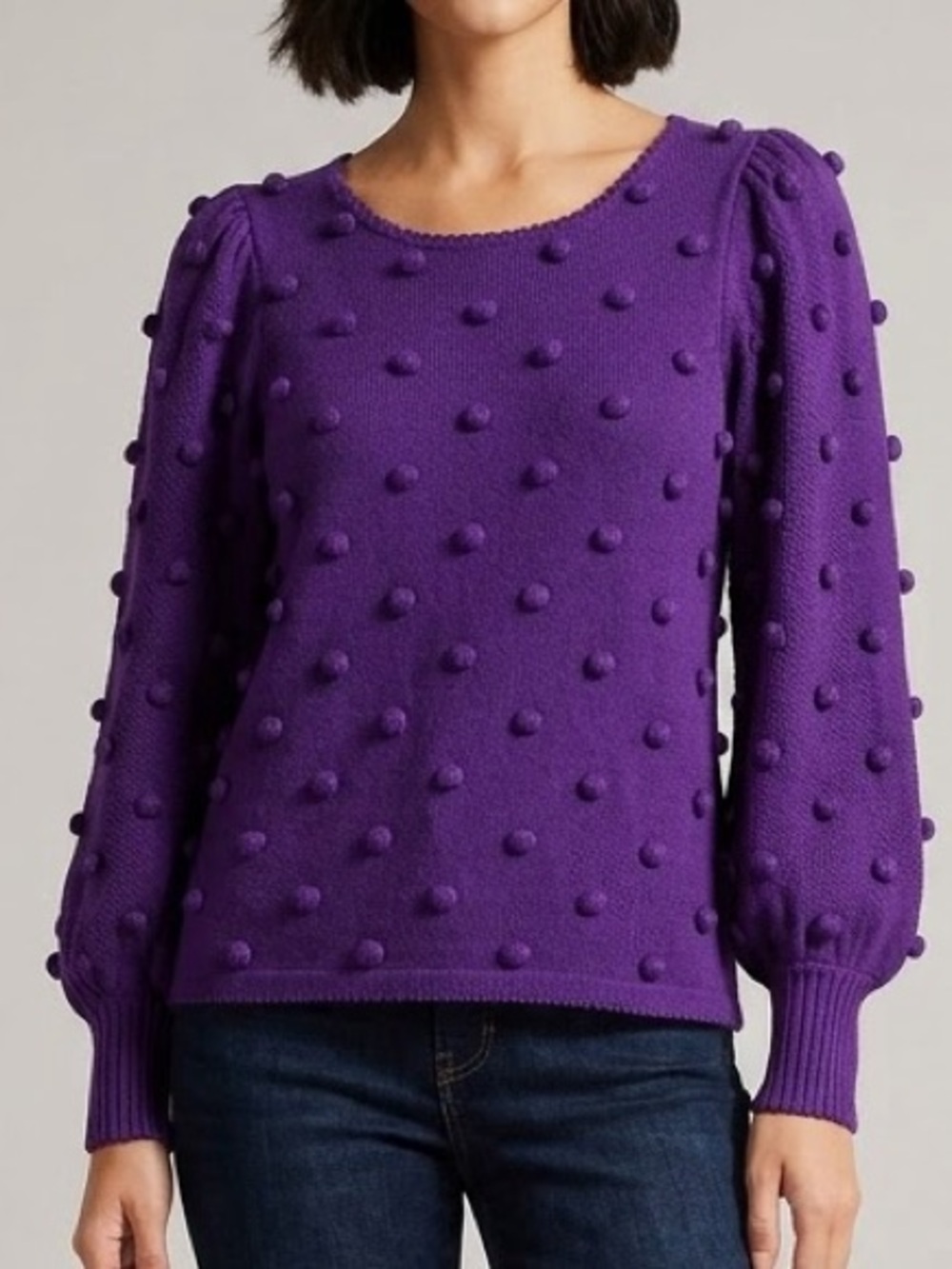 Lilly Pulitzer Kippa Purple Pom-Pom and Puff style Sleeve Crewneck Sweater